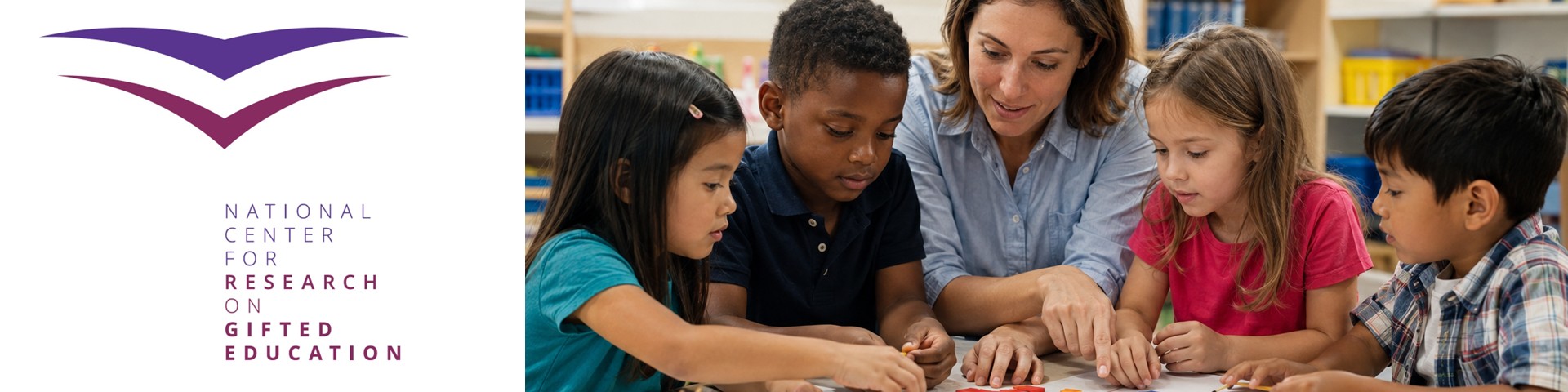 NCRGE Logo with photo of teacher working with a small group of students.